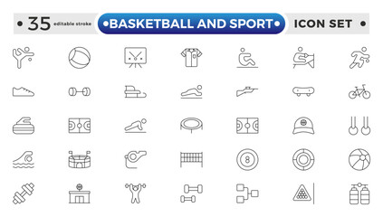 Basketball and Sport web icons outline style. Football, golf, gym, basketball, volleyball, bowling, chess, skiing, boxing, tennis, collection. Editable stroke outline icon.
