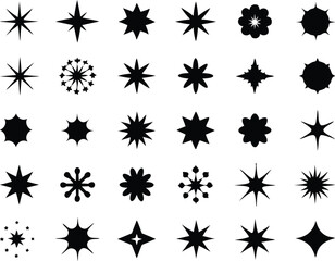 Set of sparkling stars icons. decorative twinkle and bursts forms, abstract shining flash symbols, glowing light effect vector graphic elements collection