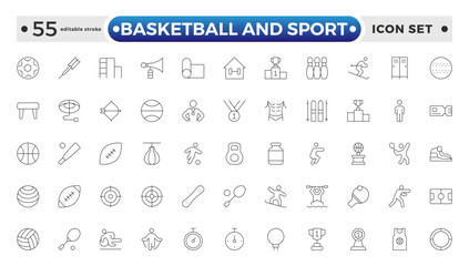 Basketball and Sport web icons outline style. Football, golf, gym, basketball, volleyball, bowling, chess, skiing, boxing, tennis, collection. Editable stroke outline icon.
