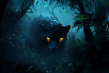 Mysterious jaguar prowling through dense jungle foliage at night with glowing eyes in the dark