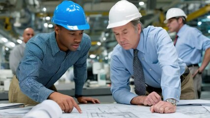 Engineering Precision: Expert engineers collaborate intently, meticulously reviewing detailed blueprints. Hard hats symbolize safety. The environment hints at cutting-edge construction.