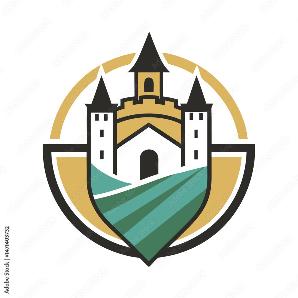 Poster vector illustration of a castle logo design featuring three towers and a shield emblem representing 