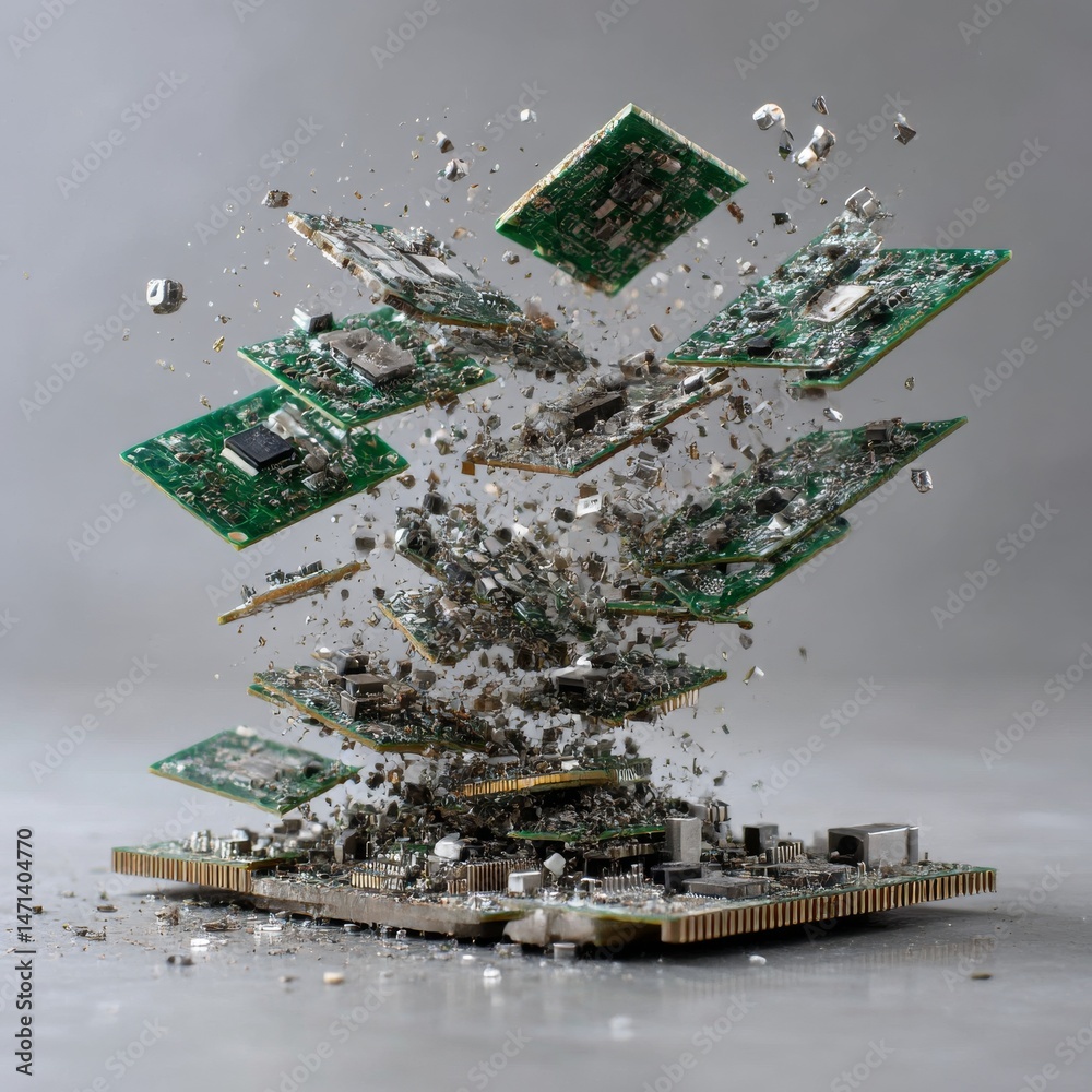 Poster Deconstructed Technology: Exploded View of a Circuit Board with Flying Components against a Plain Background Reveals Complexity.