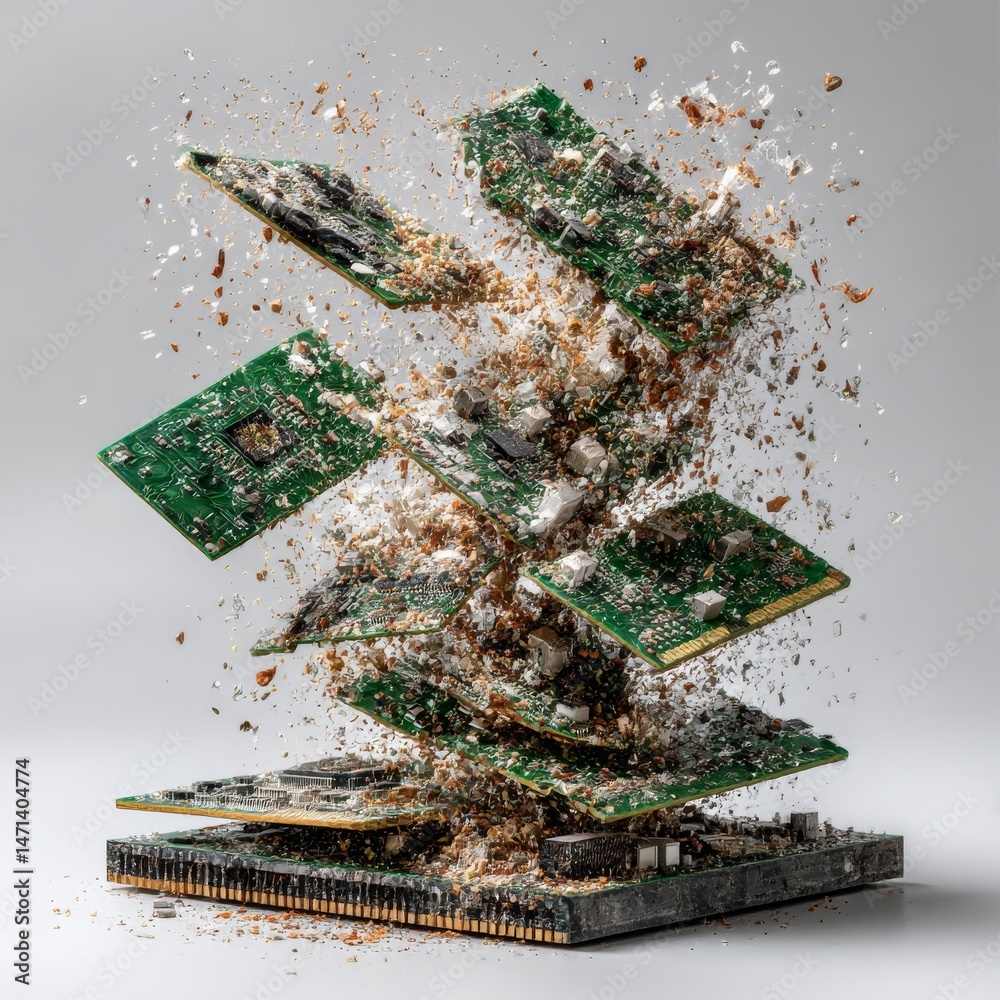 Aufkleber Deconstructed Tech: An Exploded View of Circuit Boards and Components Suspended Mid-Air, Highlighting Fragmentation.