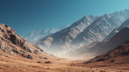 Fototapeta premium Low angle view of barren mountains in a windy and sandy environment, rendered in extreme detail with CG technology. Cinematic 8K quality showcasing the harsh, rugged, and desolate landscape.