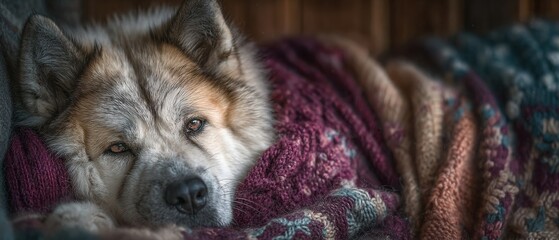 Intimate bond akita dog and person cozy in earthy textures