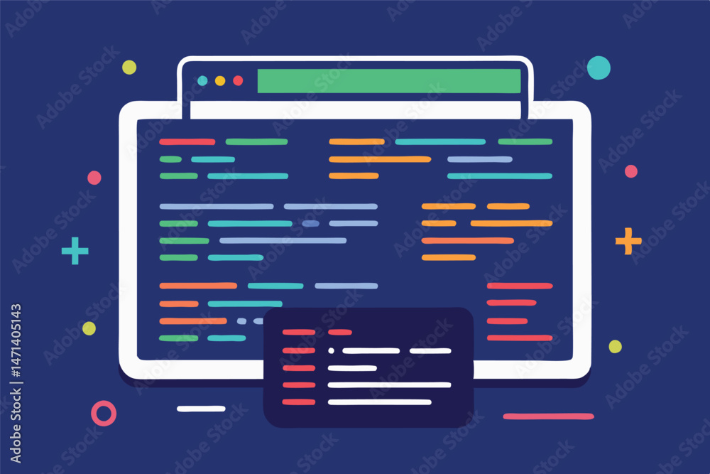Poster Vector illustration of a web browser displaying colorful code snippets on a dark background with abstract shapes and graphics