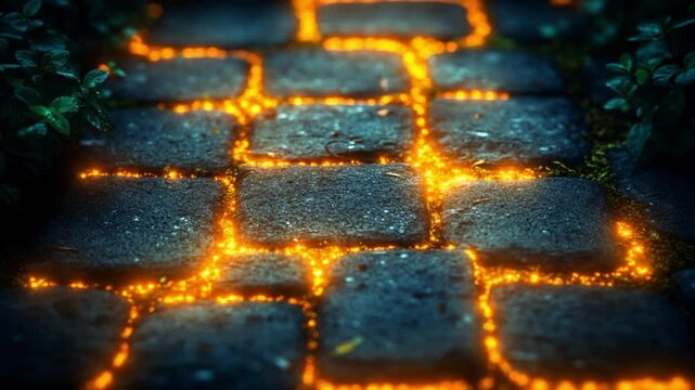 Glowing path on cobblestone pavement forming a maze pattern with warm orange lighting.