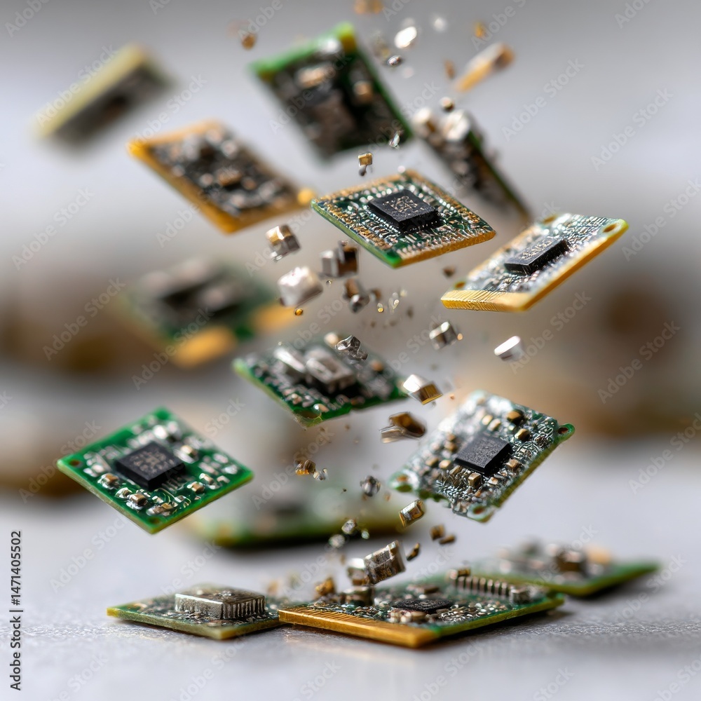 Poster falling microchips: a cascade of modern electronics and tiny components in a dynamic technological d