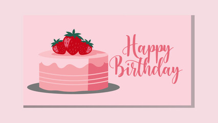 A delightful pink strawberry cream cake illustration, perfect for a happy birthday or sweet celebration