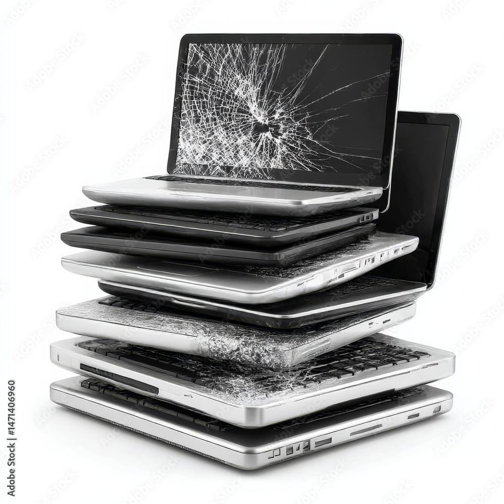 Aufkleber Stack of Broken Laptops: E-waste Mountain of Damaged Technology and Hardware Ready for Recycling