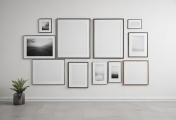 Minimalist gallery wall mockup  Various sized frames on white  , gallery wall,  photo frames