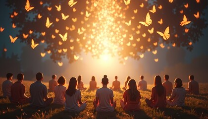 Fototapeta premium Group of People Meditating Under Butterflies and Sunlight