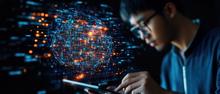 A young man analyzes a complex digital globe on his tablet, immersed in the technology's potential scope.