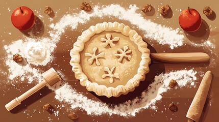 Apple pie baking with autumn harvest.