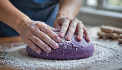 Close-up of hands kneading purple butterfly pea flower dough in natural light.
