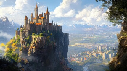 Fototapeta premium Majestic castle perched atop a craggy mountain peak.