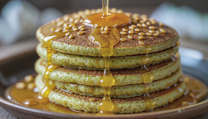 Golden honey cascading over fluffy pandan pancakes with toasted sesame seeds.