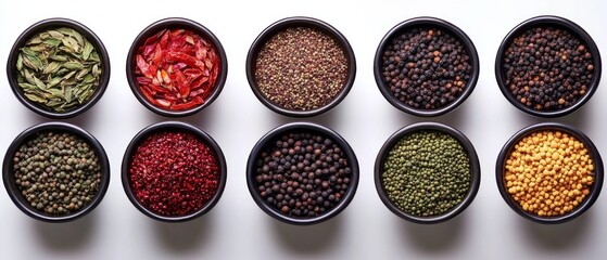 Colorful array of various spices in small bowls.