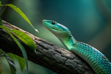Fototapeta premium Elegant Green Tree Snake on Branch in Lush Rainforest – Close-Up Nature Wildlife Photo