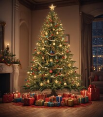 Ornate Christmas tree, vibrant lights, abundant gifts ,  winter,  celebration,  presents