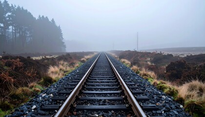 Fototapeta premium Misty Railroad Tracks Leading Through a Remote Landscape