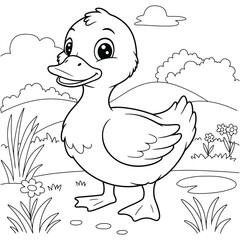 Cute Cartoon Duck Outline coloring page for kids.