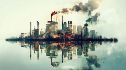 Industrial Cityscape Reflected in Still Waters: A Bleak Vision of Environmental Pollution