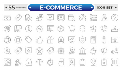 Shopping outline icon Set. Vibrant and engaging icons for enhancing e-commerce platforms, perfect for product listings, and cart management. Editable stroke outline icon.