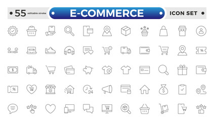 Shopping outline icon Set. Vibrant and engaging icons for enhancing e-commerce platforms, perfect for product listings, and cart management. Editable stroke outline icon.