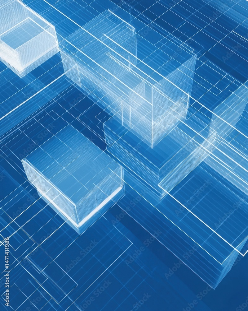 Poster abstract architectural blueprint design with wireframe cubes and grid lines on blue background conce