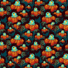 Turquoise bird and apples seamless pattern