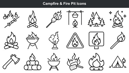 Fototapeta premium Set of line art campfire fire pit outdoor camping hiking and barbecue icons