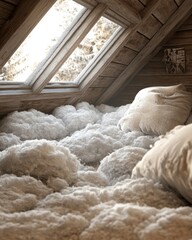 Cozy attic bedroom interior with snow covered bed and window view of winter forest landscape, warm light, rustic style