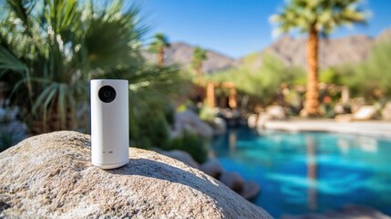 Naklejka premium Modern camera on a rock beside a sparkling blue pool surrounded by lush palm trees and a clear blue sky in a tranquil setting