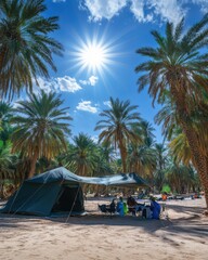 Fototapeta premium Camping in the Oasis of Morocco with Palm Trees and Blue Sky from Low Angle View of Tent and People Relaxing