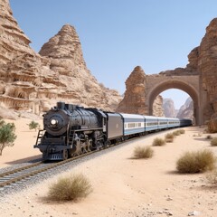 Classic steam engine traverses arid desert landscape under harsh sunlight, a vintage train journey through stunning desert scenery.