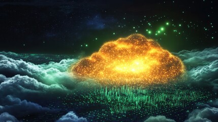 Fototapeta premium Golden data cloud over digital city in the sky with stars and clouds aerial view concept art