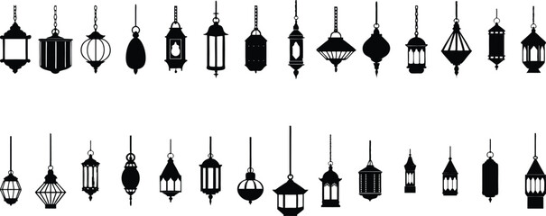 Set of hanging lanterns, Arabic vintage lamp silhouette vector graphic elements collection