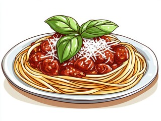 Delicious spaghetti and meatballs cartoon illustration on plate with basil and cheese close up food photography