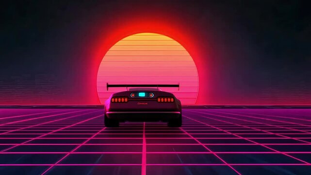 Retro sports car against a pixelated sunset on a neon grid