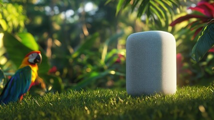 Modern smart speaker on lush green grass surrounded by tropical plants and colorful parrot in vibrant outdoor setting