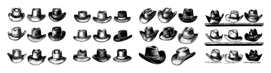 Collection of Vintage Cowboy Hats Illustrations in Various Styles