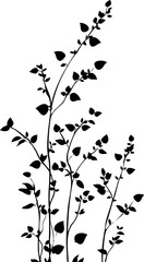 Small leaf plant silhouette pattern wallpaper. Black and white. minimal artwork. simple template. tattoo design. card and package. PNG tranparent.