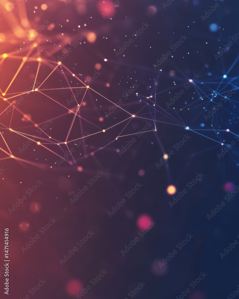 Poster abstract network of connected dots and lines against a dark gradient background with bokeh effect di
