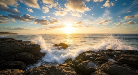Obraz premium Dramatic ocean sunrise over rocky shore