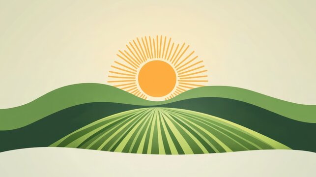 A vibrant organic farm logo with a rising sun and a crop field in a minimalist, modern design