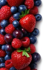 Obraz premium Assorted Berries Still Life Overhead Close Up Studio Shot Featuring Strawberries Blueberries Raspberries and Plums on White Background