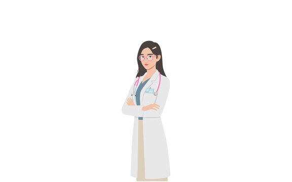 flat illustration of young female doctor standing on white background