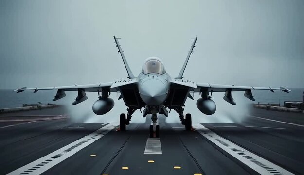 A fighter jet take off from aircraft carrier's runway.